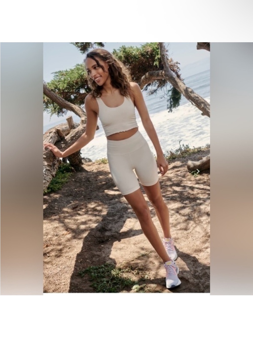 Spiritual Gangster Amor Cream Ribbed Tank Top and matching seamless biker shorts